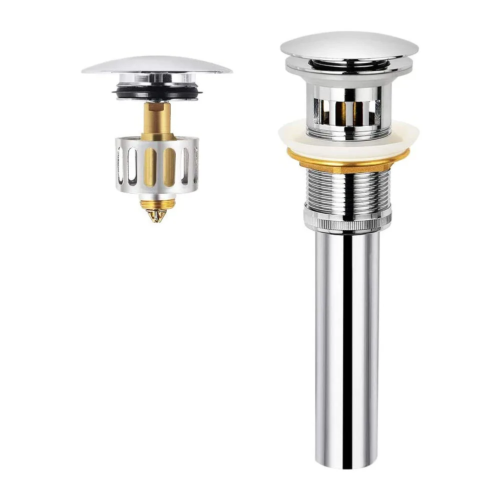 

Pop up Sink Drain with Overflow Bathroom Stopper Vanity Vessel Assembly Push Button with Strainer Basket Chrome