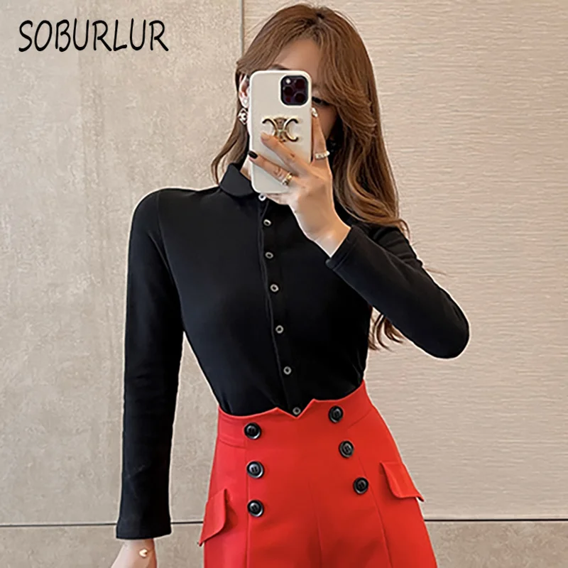 SOBURLUR Plush Black Shirt Keep warm Base Tunics Women's Blouses Crop Top Woman Clothing Casual OL Korean Fashion Blousas Formal