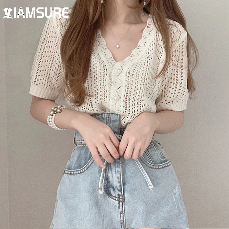 

IAMSURE Vintage V-Neck Breasted Cardigans Solid Hollow Out Short Sleeve Knied Sweater 2021 Spring Summer Casual Streetwear 90S
