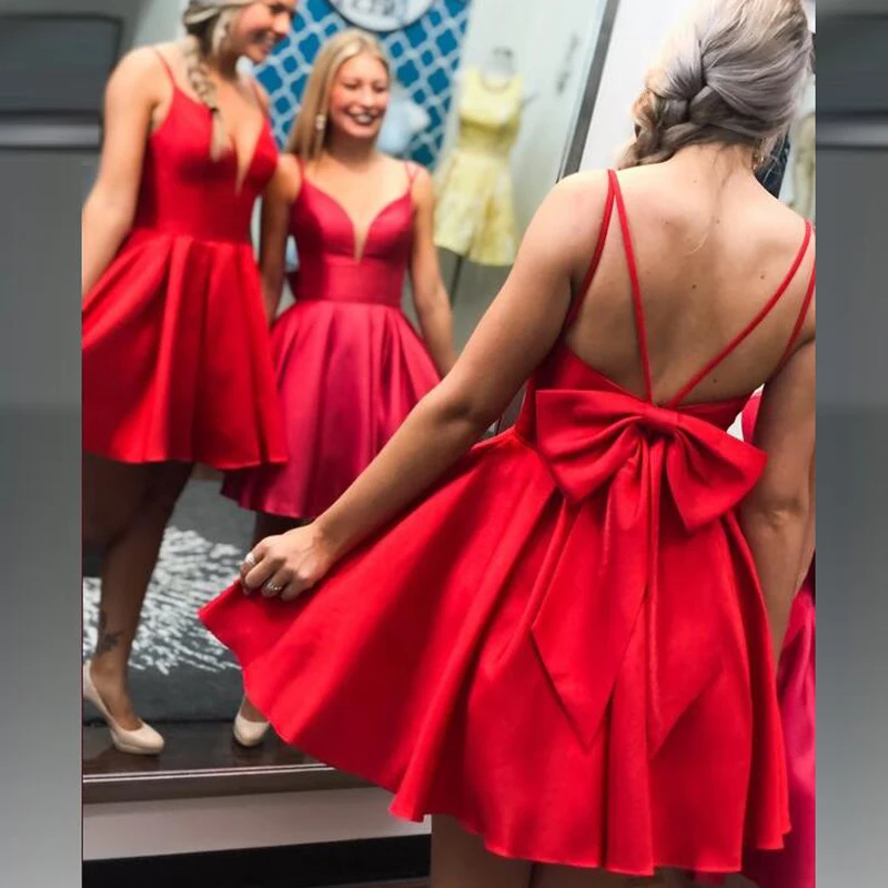 Фото Красное Атласное короткое платье для встречи выпускников а-силуэт дешевые