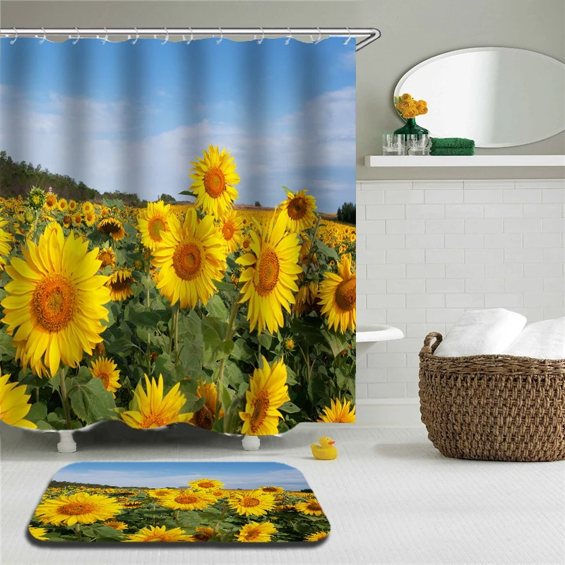 

2PC Set Sunflower Flower Shower Curtains Set Bathroom Waterproof Polyester With Rectangle Non-slip Floor Mat Bath Curtain Set