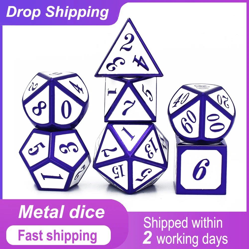 

Metal Dice D4 D6 D8 D10 D% D12 D20 Drawstring Pouch for DnD RPG Board Games Purple and white Fast shipping within 2 working days