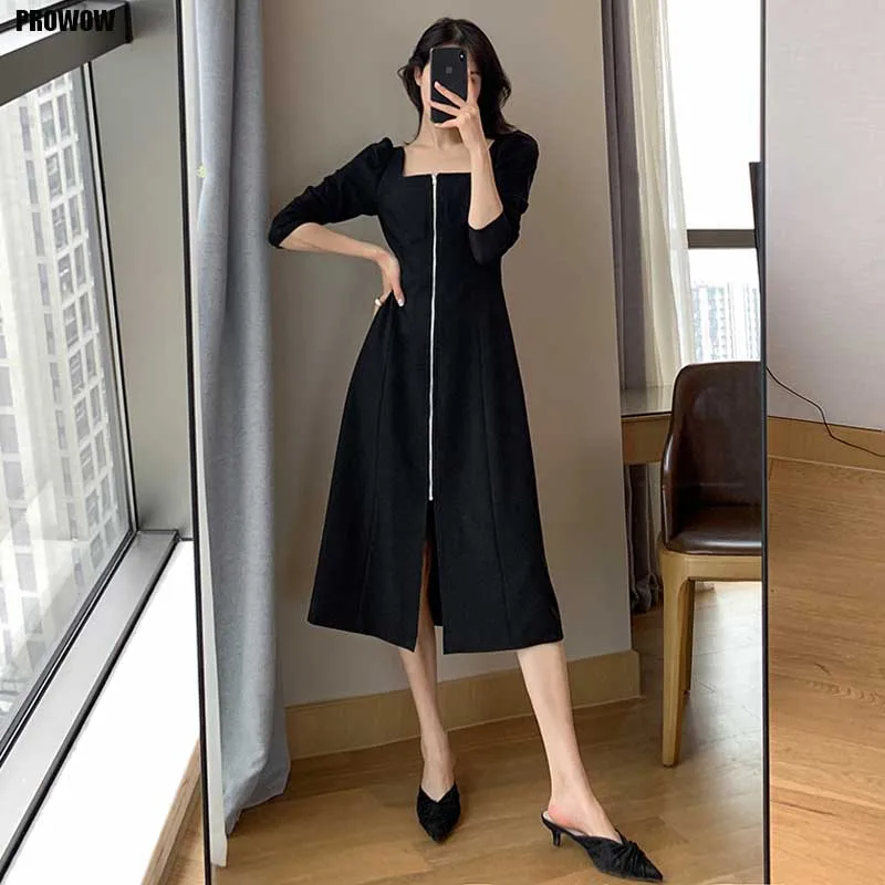 

One-Piece Elegant Korean Fashion Lady Dress 2021 Spring Autumn New Women Long Sleeves Slim Dress Vintage French Dress Midi Dress
