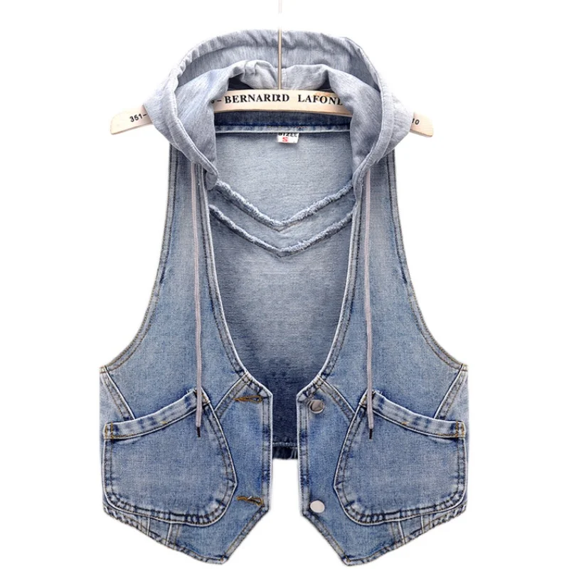 

2022 Spring Autumn Hooded Short Denim Jacket Waistcoats Women Single-breasted Vintage Sleeveless Outwear Casual Denim Vest Coat