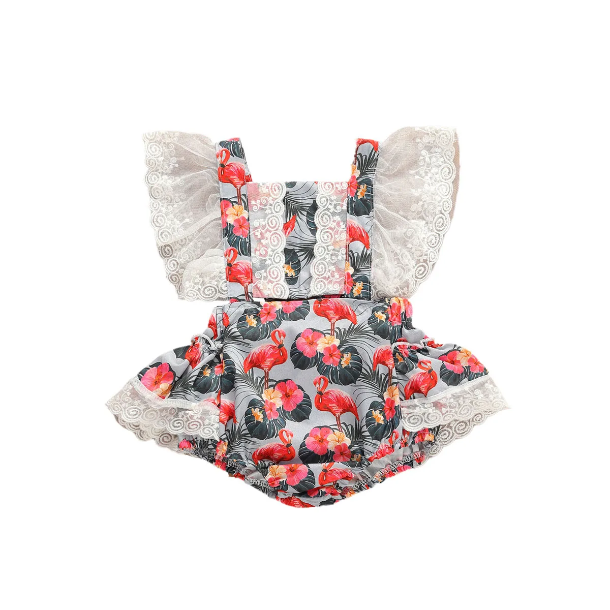 

Одежда для новорожденных и маленьких девочек от 0 до 24 месяцев летний комбинезон с рюшами и кружевами в стиле пэчворк с изображением фламинг...
