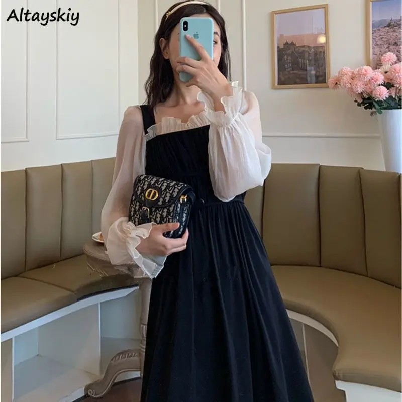 

Dress Women Lantern Sleeve Patchwork Retro Elegant Preppy Korean Style Design Feminine Comfortable Spring Daily Trendy Ins New