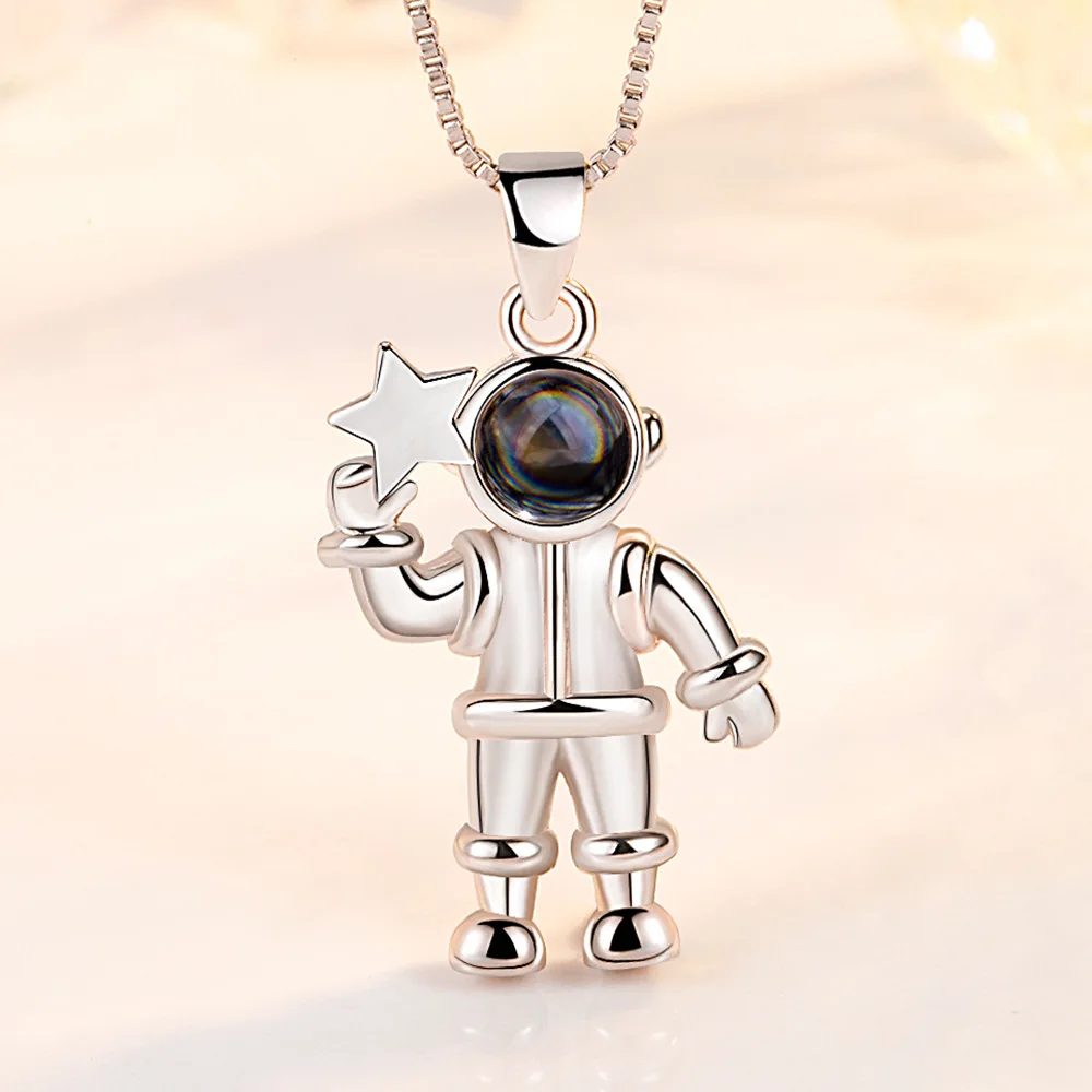 

925 Sterling Silver Women's Fashion Jewelry Love You 100 Languages Astronaut Projection Stone Necklace Female Pendant Length 45