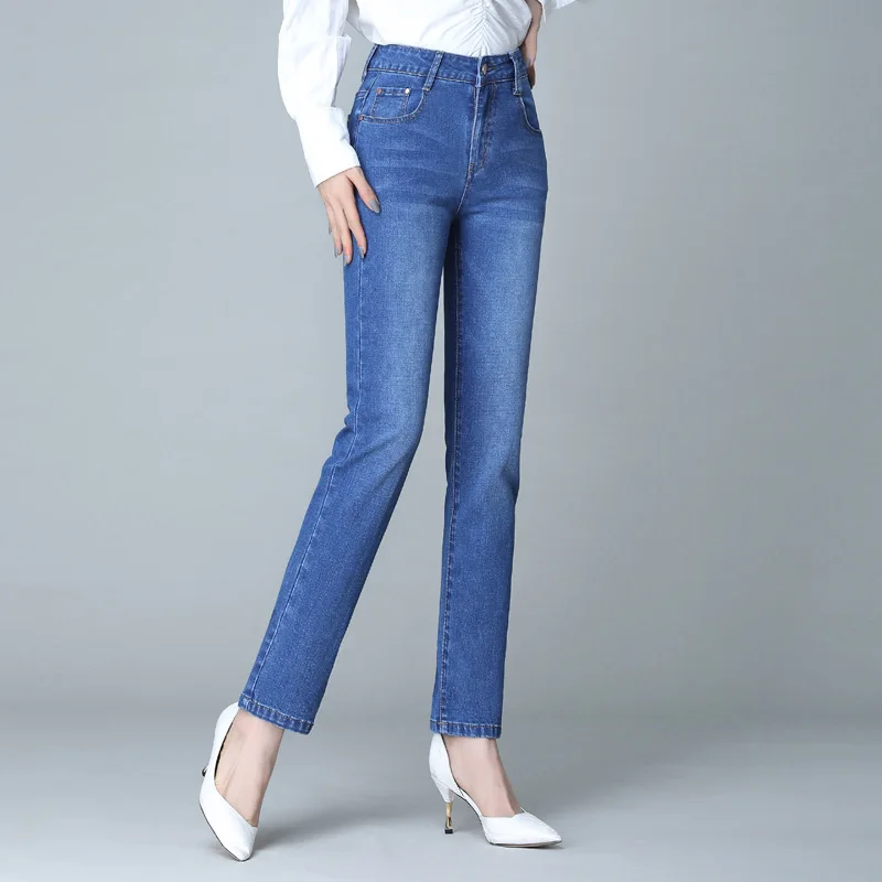 Женские эластичные джинсы с высокой талией повседневные Прямые брюки большого