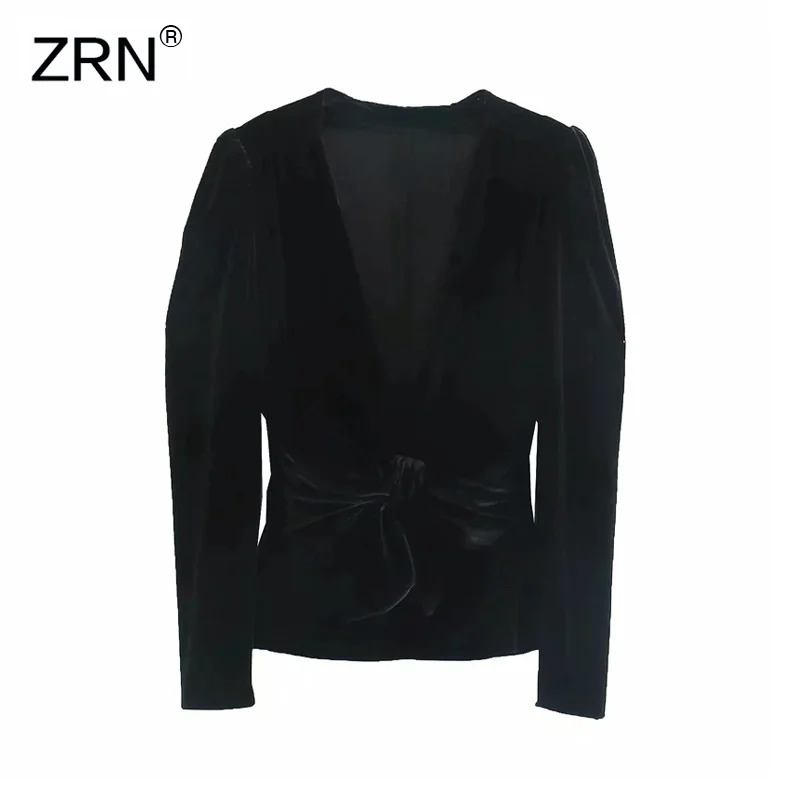 Женская бархатная блузка с v-образным вырезом ZRN черная длинными рукавами и