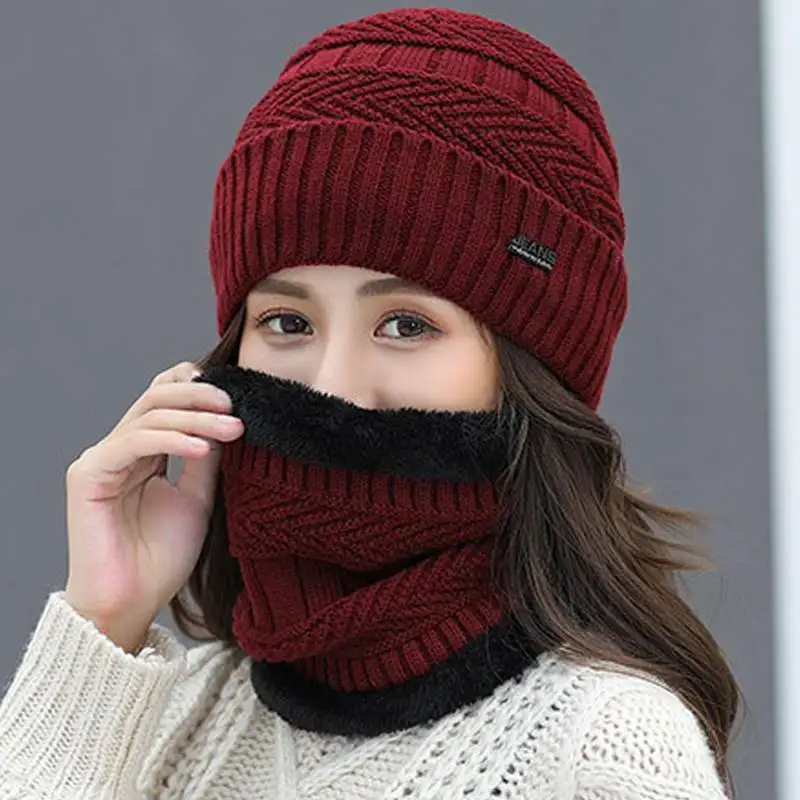 

Ladies Winter Knitted Beanie Hat Scarf Set Plain Thick Fleece Warm Lined Ski Cap