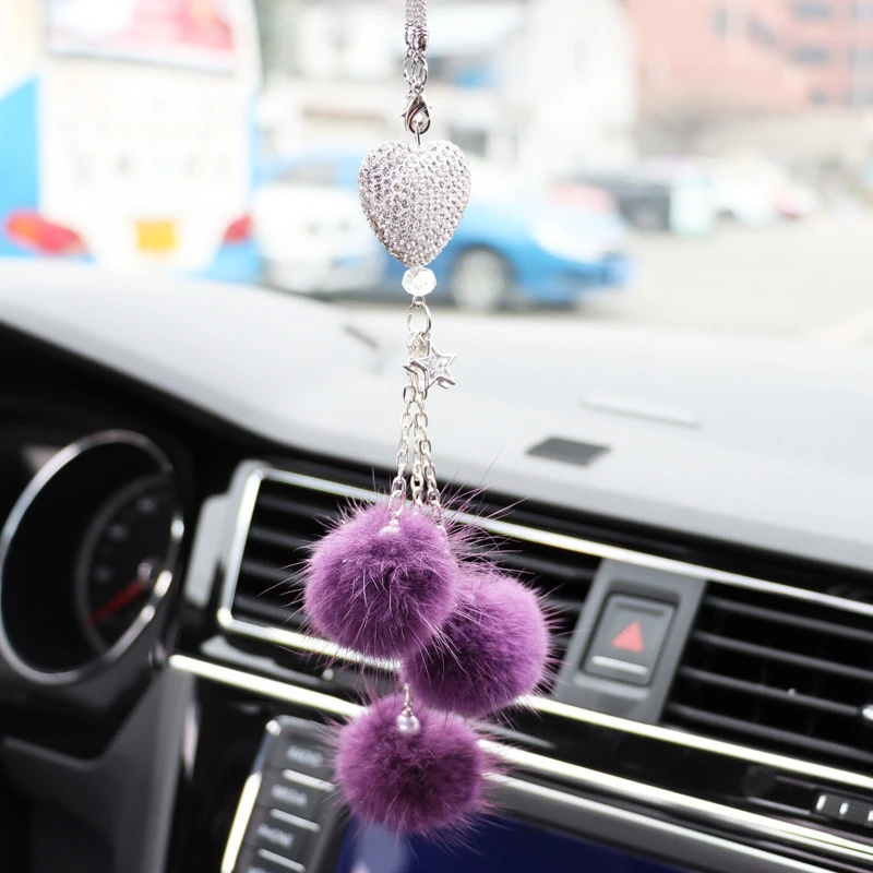 

Mink hair crystal peach heart car rearview mirror Pendant Durable diamond car rear view mirror accessories