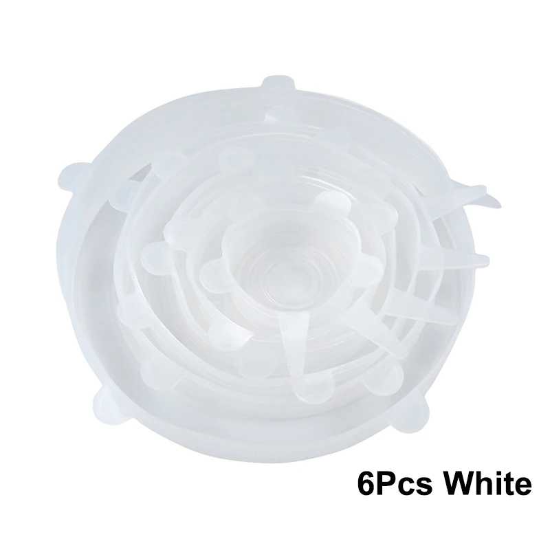 6Pcs White 6 шт Силиконовые стрейч многоразовые крышки герметичные пищевые обертывания крышки сохраняют свежесть уплотнение Чаша эластичный обертывание крышка кухонная посуда - Цвет: 6Pcs White