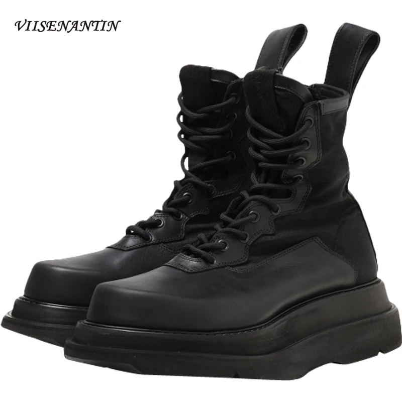 

Autumn New Style Flat Platform Lace-up Slope Daddy Shoes Women Height Increase High-top Genuine Leather Round Toe Military Boots