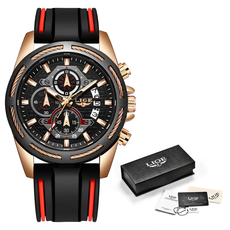 Rose gold black Мужские часы, новинка, LIGE, мужские часы, Топ бренд, Роскошные, мужские спортивные часы, мужские кварцевые часы с датой, водонепроницаемые, Хронограф+ коробка - Цвет: Rose gold black