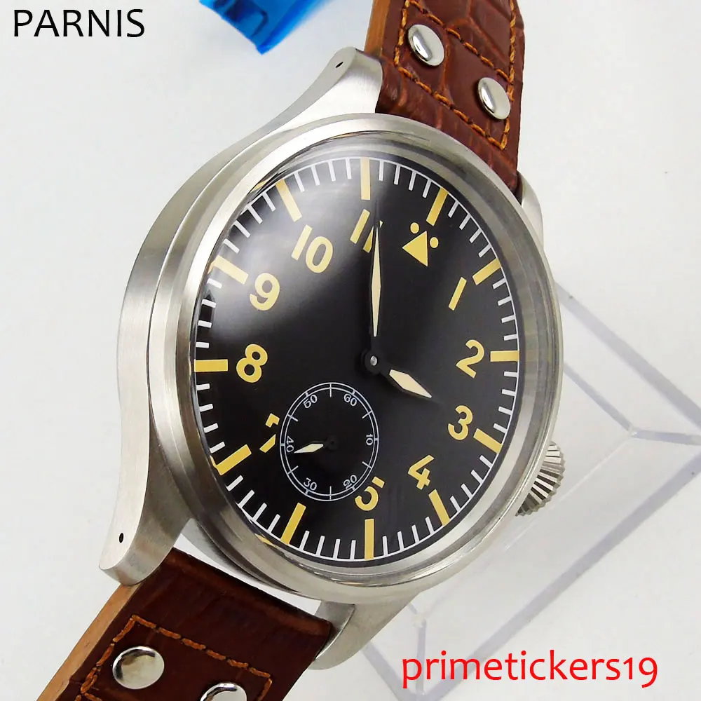 Мужские часы с ручным заводом 55 мм желтые цифры светящиеся 6498 кофейный кожаный