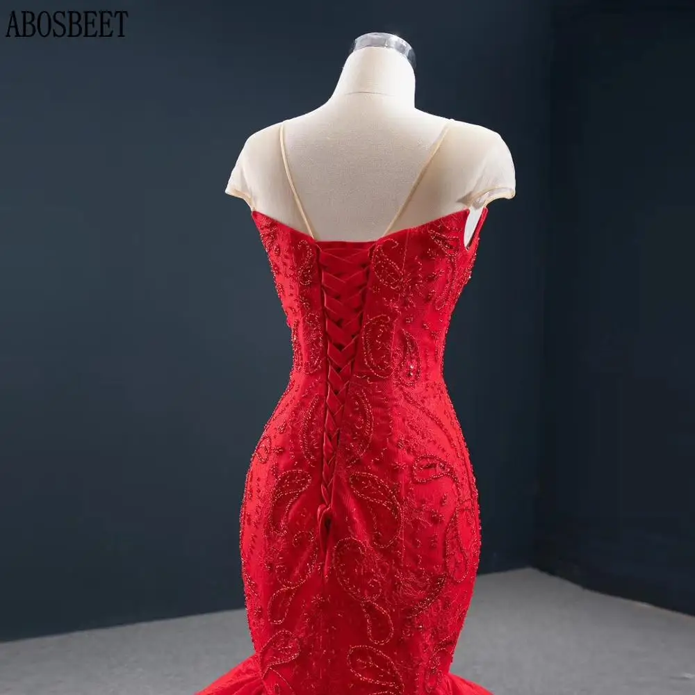 DD JYOY Elegant Lace Mermaid Evening Dress Long Red Luxury Beads Short Sleeve Evening Gown Small Train Lace Up Back Women Prom
