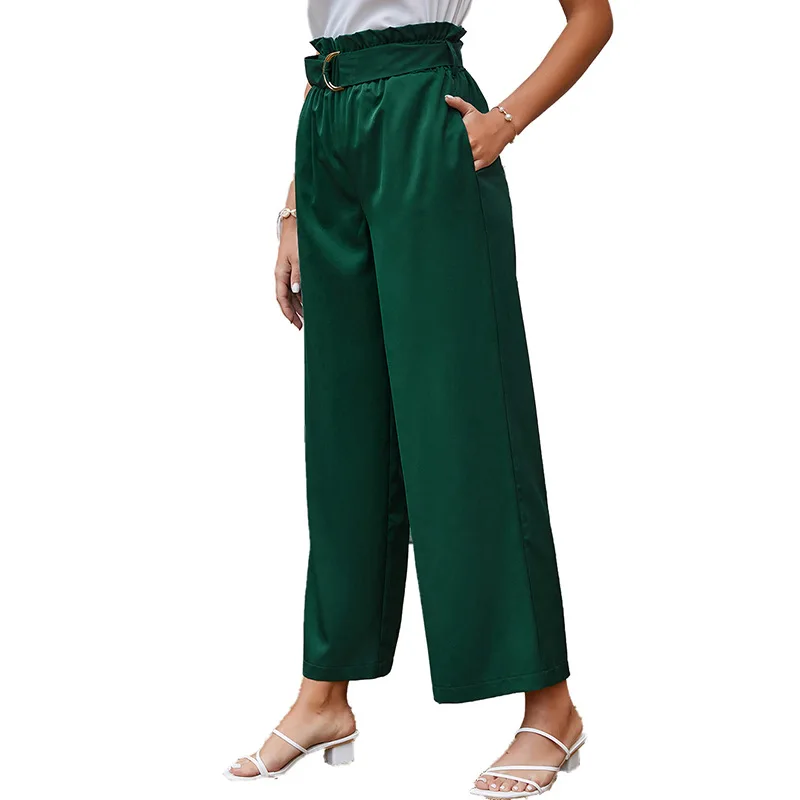 

2021 Ladies Spring Pants Solid Color High Waist Retro Belt Pocket Casual Wide Leg Pants Elegant Women Loose Straight Pants Green