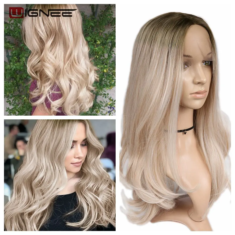 Ombre Ash Blonde Wignee синтетический парик на кружеве для женщин, термостойкие длинные волосы, волнистые волосы, парик из натуральных волос, Омбре, пепельный блонд, парики для волос - Цвет: Ombre Ash Blonde