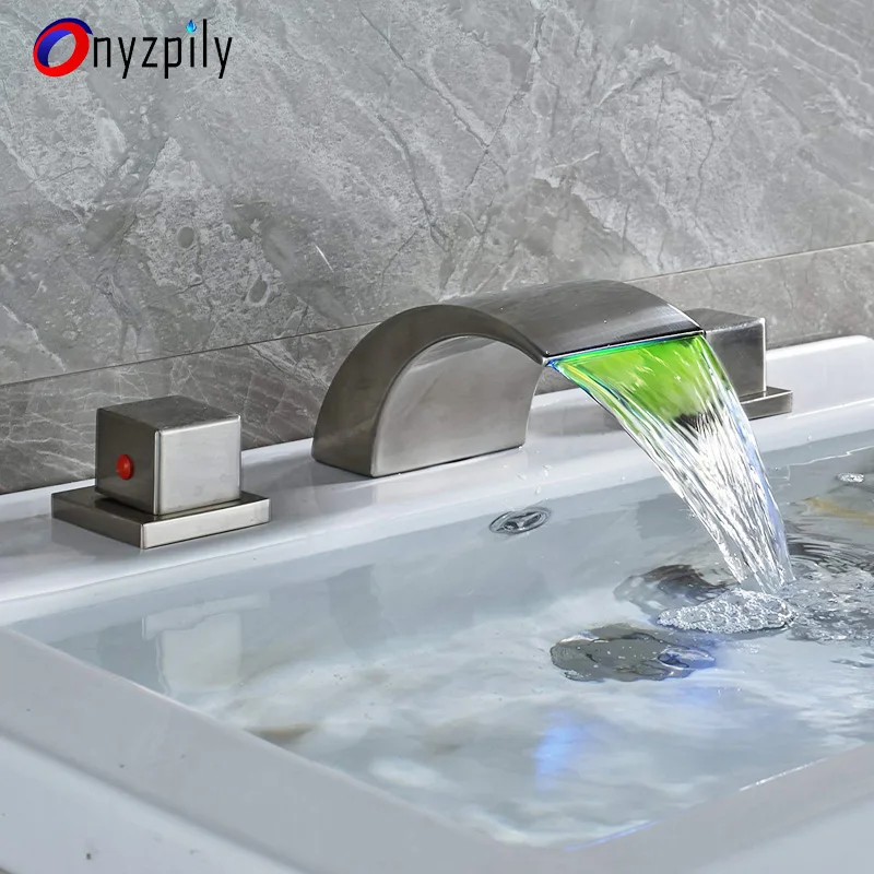 Светодиодный Водопад Onyzpily смеситель для раковины широкий ванной комнаты матовый