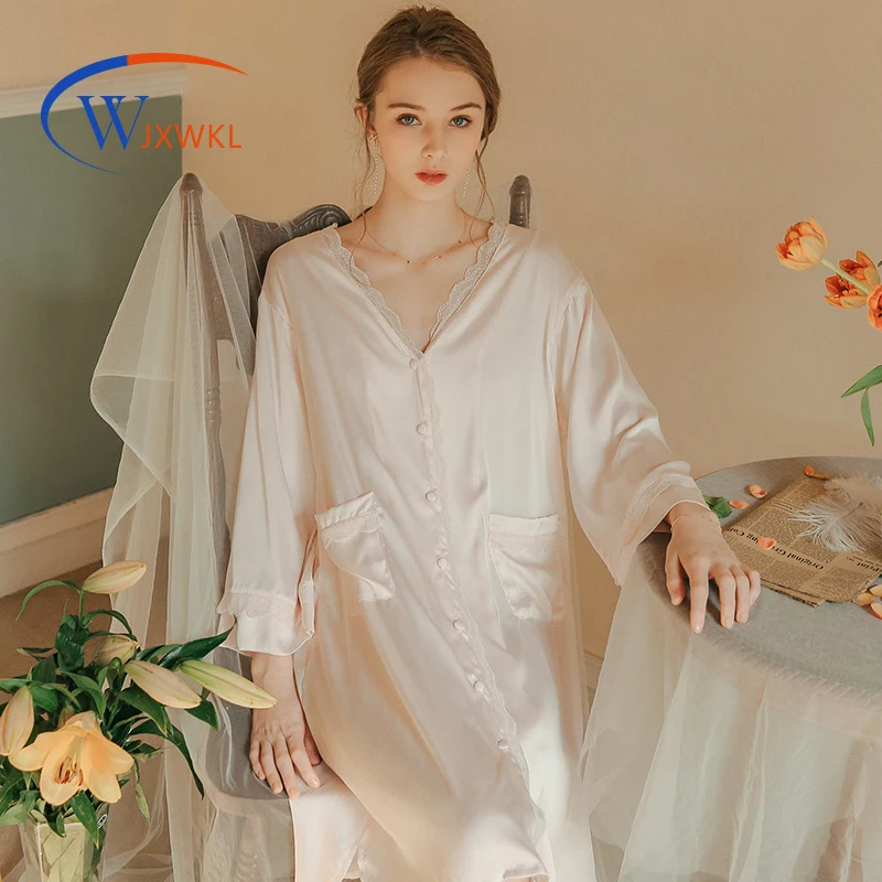 

2021 Spring Summer Sexy Pajamas Silk Sweet Loose Nightdress Large Size Casual Urban Leisure Long-Sleeved Homewear