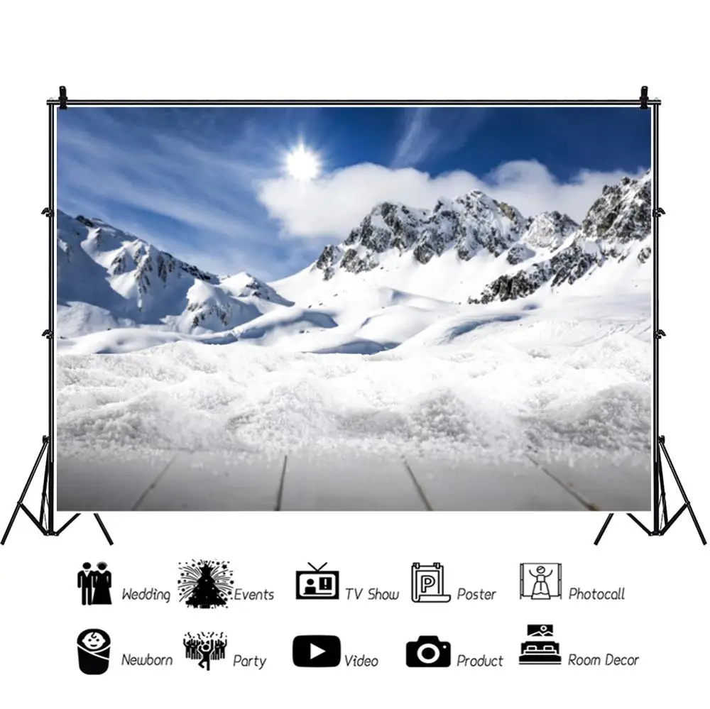 Laeacco зимняя Гора Снег Солнце голубое небо облачный Серый Деревянный Пол Детский