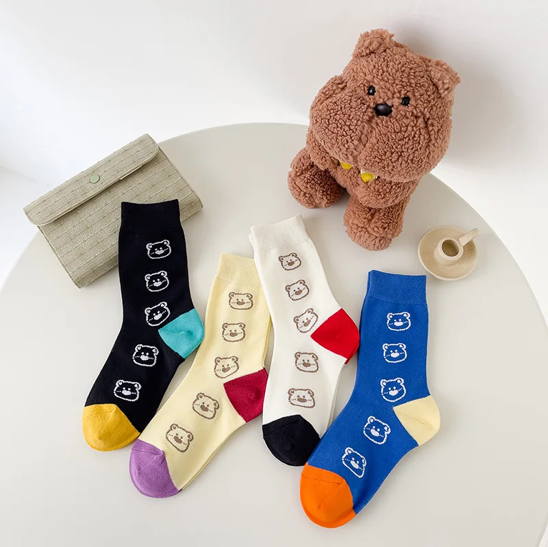 

Осень-зима 2022, женские носки, милые хлопковые носки-трубы с мультяшным медведем, оригинальные удобные женские носки с подбором цветов