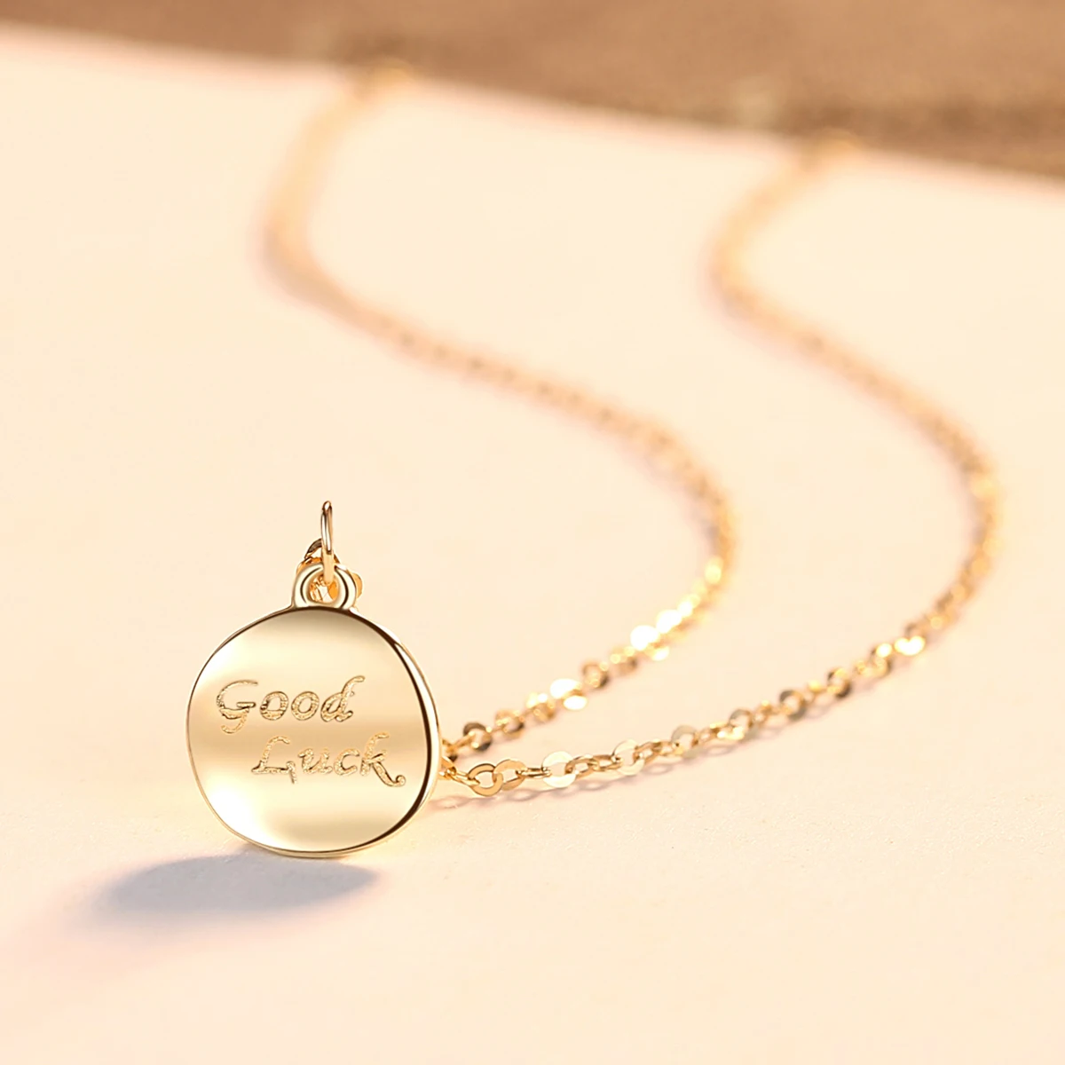 

PAG&MAG Letter Good Luck 14K Gold Round Pendant Necklaces for Women Wedding Engagement Jewelry Yellow Gold Collier AU585 N14066