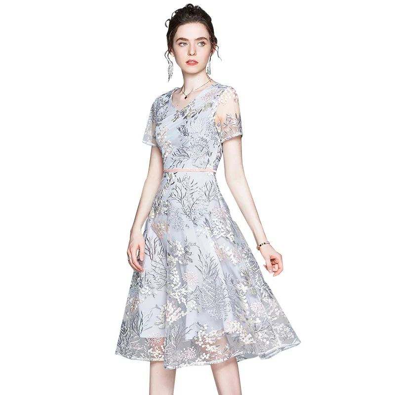 

New Elegant Vintage Women Embroidery Mesh Slim Tunic Short Sleeve Dress Lady Evening Party Dresses Clothing Summer Sundress