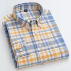 Мужская рубашка из ткани Оксфорд, синяя Повседневная рубашка в клетку с длинными рукавами, воротником на пуговицах и квадратным вырезом, Осень-Зима 100%
