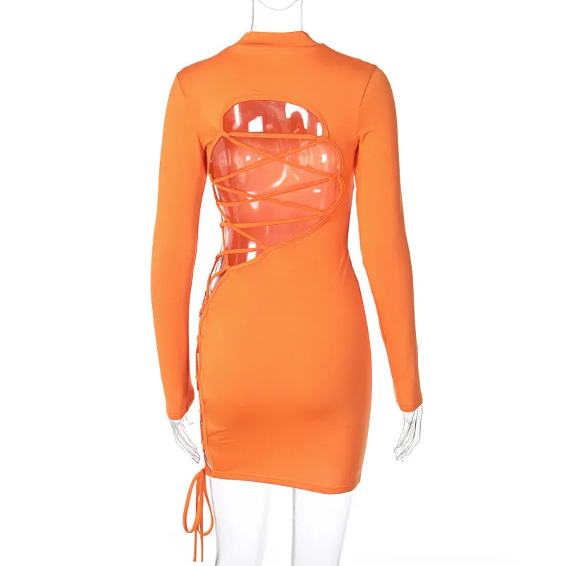 

Imcute Hollow Out Sexy Women Dress O-neck Long Sleeve Lace-up Bodycon Party Clubwear Backless Criss-cross Pencil Dress Vestidos