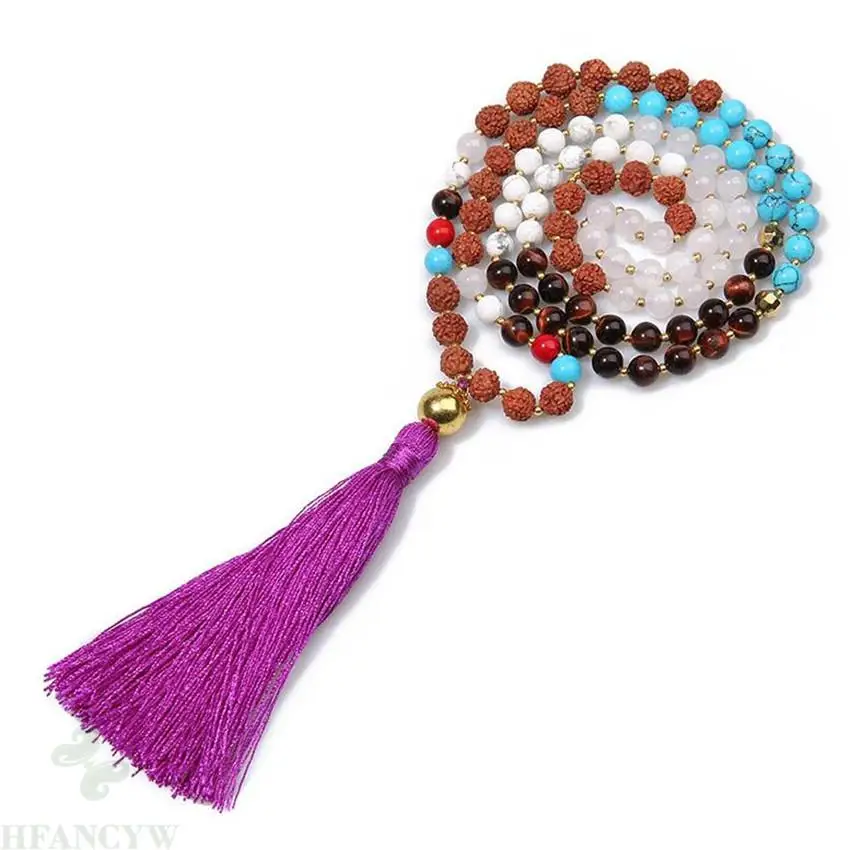 

8mm Rudraksha Turquoise Red Tiger Eye 108 Beads Mala Necklace Lucky Handmade Buddhism pray Wristband Wrist Fancy Bless Reiki