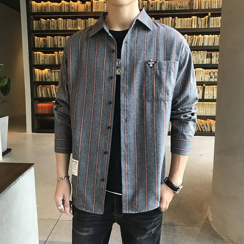 

Men's spring and autumn striped Fit Shirt versatile outdoor casual simple clothes youth Lapel top