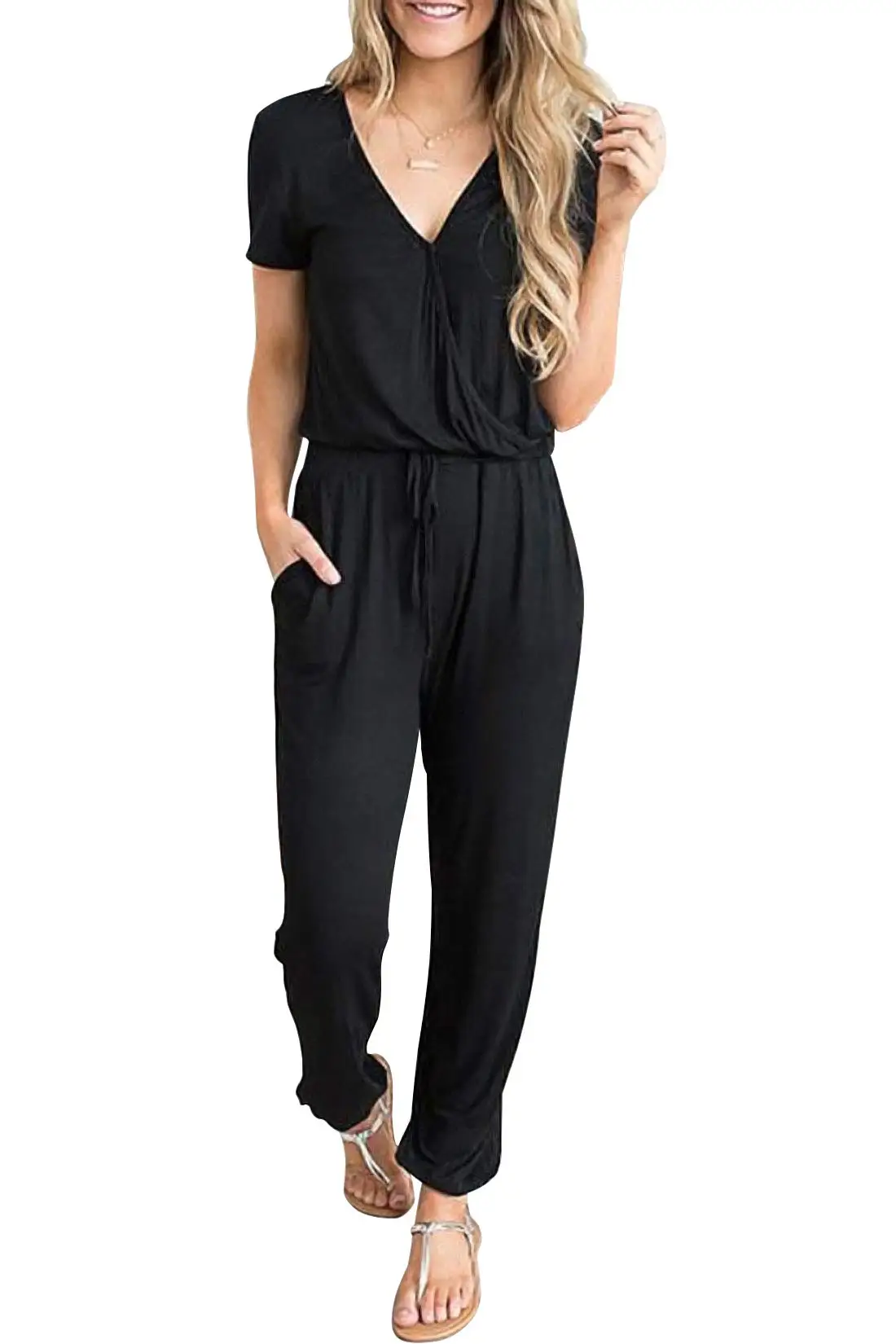 

Women's Summer Casual Deep V Neck Short Sleeve Wrap Drawstring Waist Jumpsuit Romper with Pockets