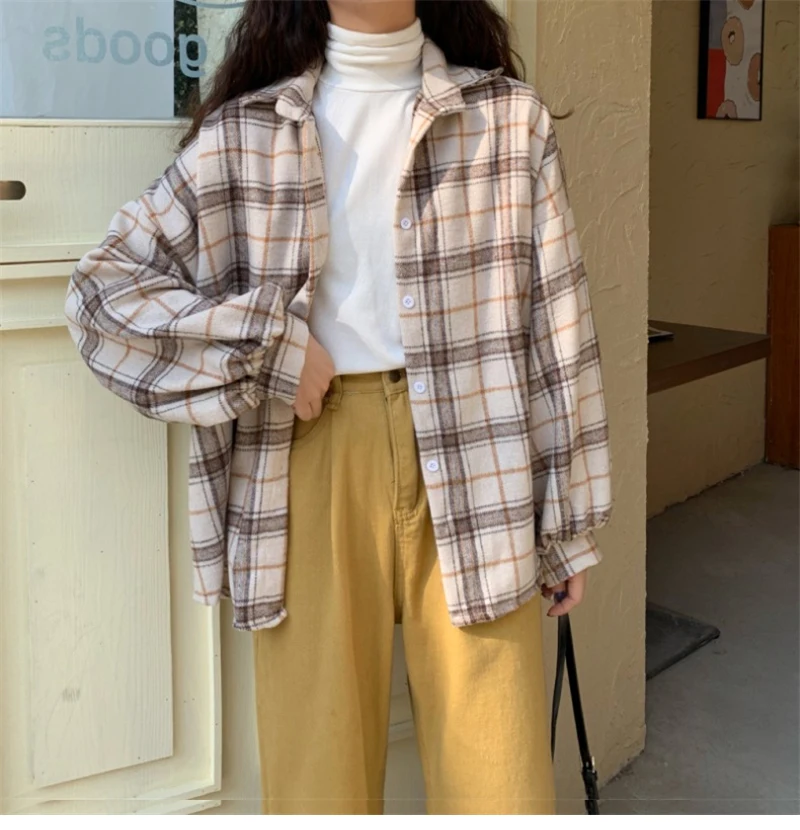 Women Plaid Warm Shirt Female Jacket Checked Coat Casual Turn-down Collar Long Sleeve Autumn Blouse Fashion Loose Outwear Tops