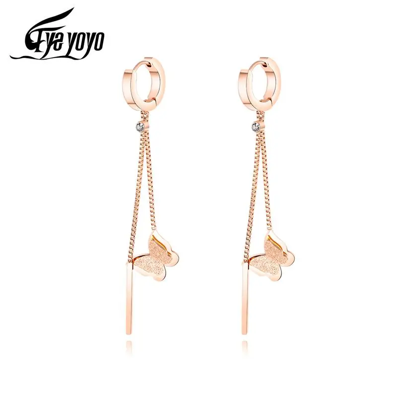 Женские серьги-кольца с бабочкой EyeYoYo длинные цепочки из нержавеющей стали