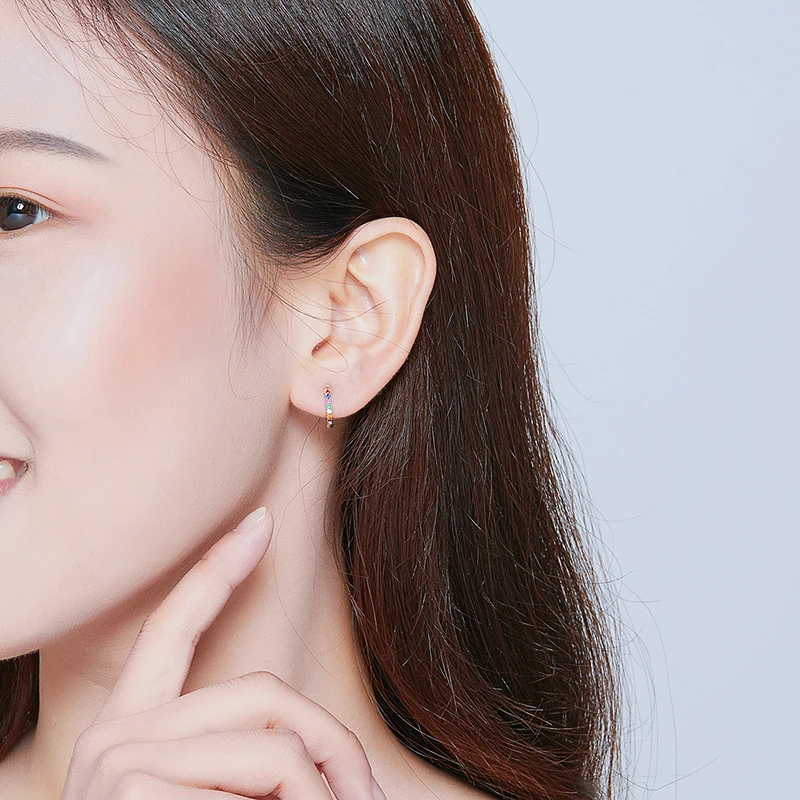 

925 Sterling Silver Circle Earrings For Women Sparkling Multicolor Zircon Hoop Round Earrings Female Elegant Temperament Jewelry