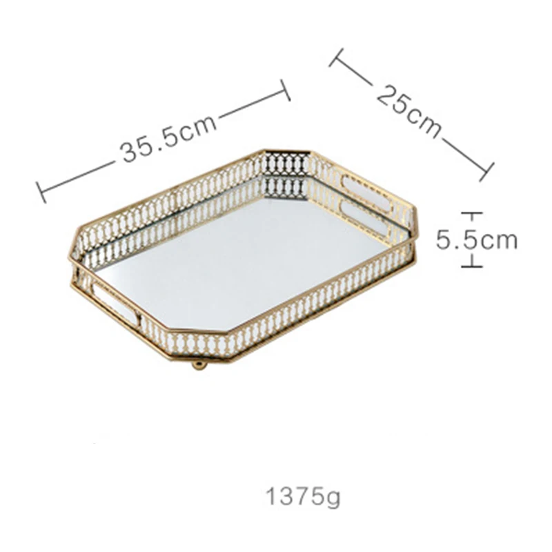 

European style retro glass mirror metal storage tray golden rectangle/round fruit tray desk small objects jewelry display tray t