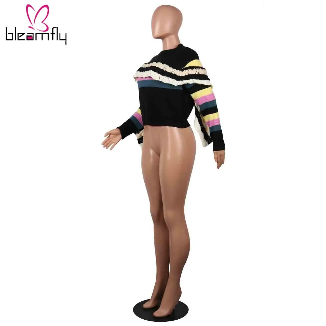 Новинка женский летний вязаный свитер с оборками длинным рукавом в радужную