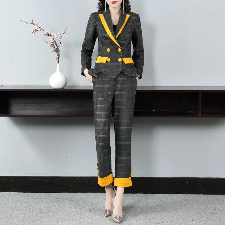Vogue of new of autumn winters commuter plaid suit color matching collar suit collect waist feet nine minutes of pants