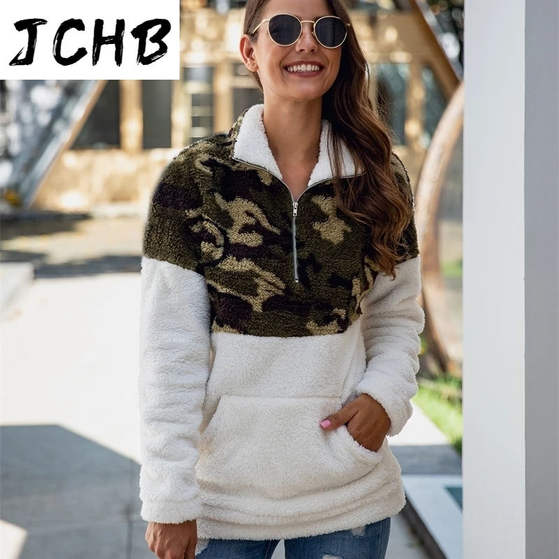 

Leopard Casual Patchwork Pocket Half Open Zipper Turn Down Collar Hoodies Warm Winter Top Pullover Women Plus Size 3XL 9 Colors