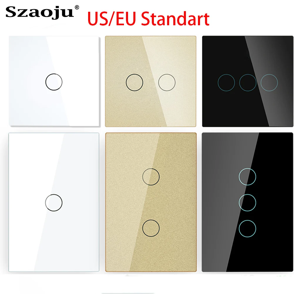

Szaoju EU/US Touch Switch Power Led Panel Wall Light Switches Tempered White Crystal Glass 1/2/3 Gang Interruttore AC100-240V