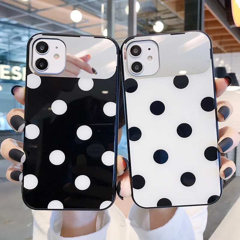 

Luxury Cute Wave Point Tempered Glass Phone Case For iPhone 12 11 Pro Max XSmax XR X SE 8 7 6 Plus Makeup Mirror Silicone Cover