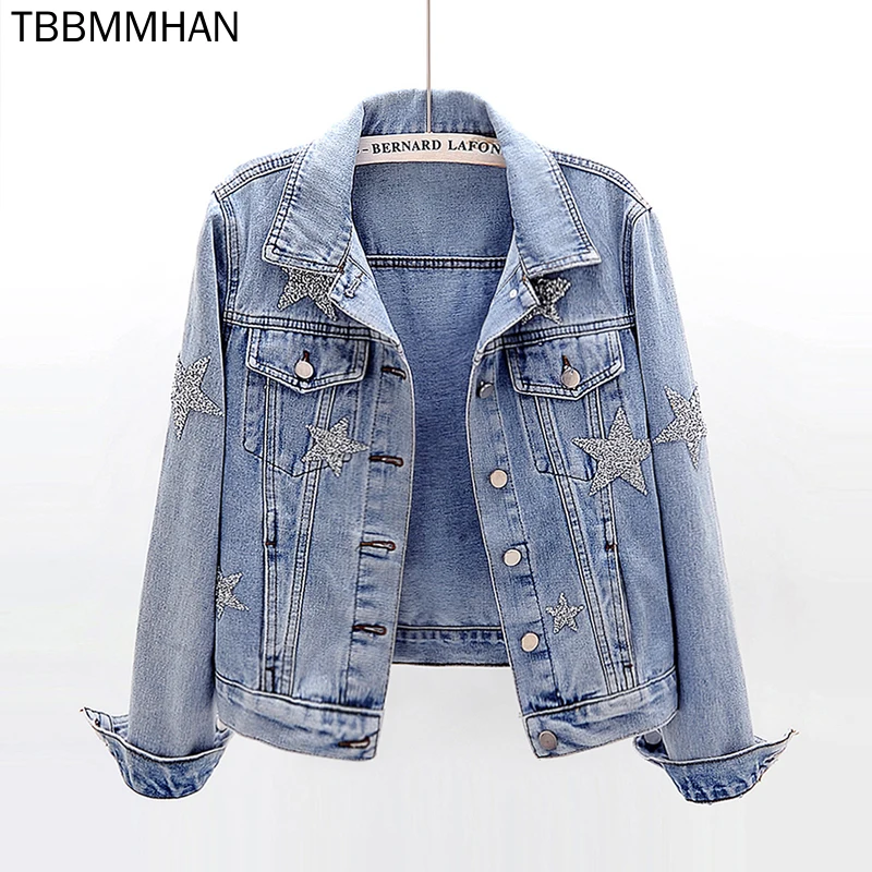 

Women Denim Jacket Coat Autumn 2021 New Long Sleeves Jeans Jackets Print Tops Casaco Feminino Single Breasted Casual Coat