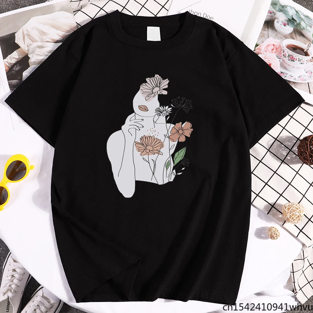 

Modern Line Style Flower Vogue Printed Women T-shirts Hip Hop Soft Simple Casual Short Sleeved Vogue O-neck