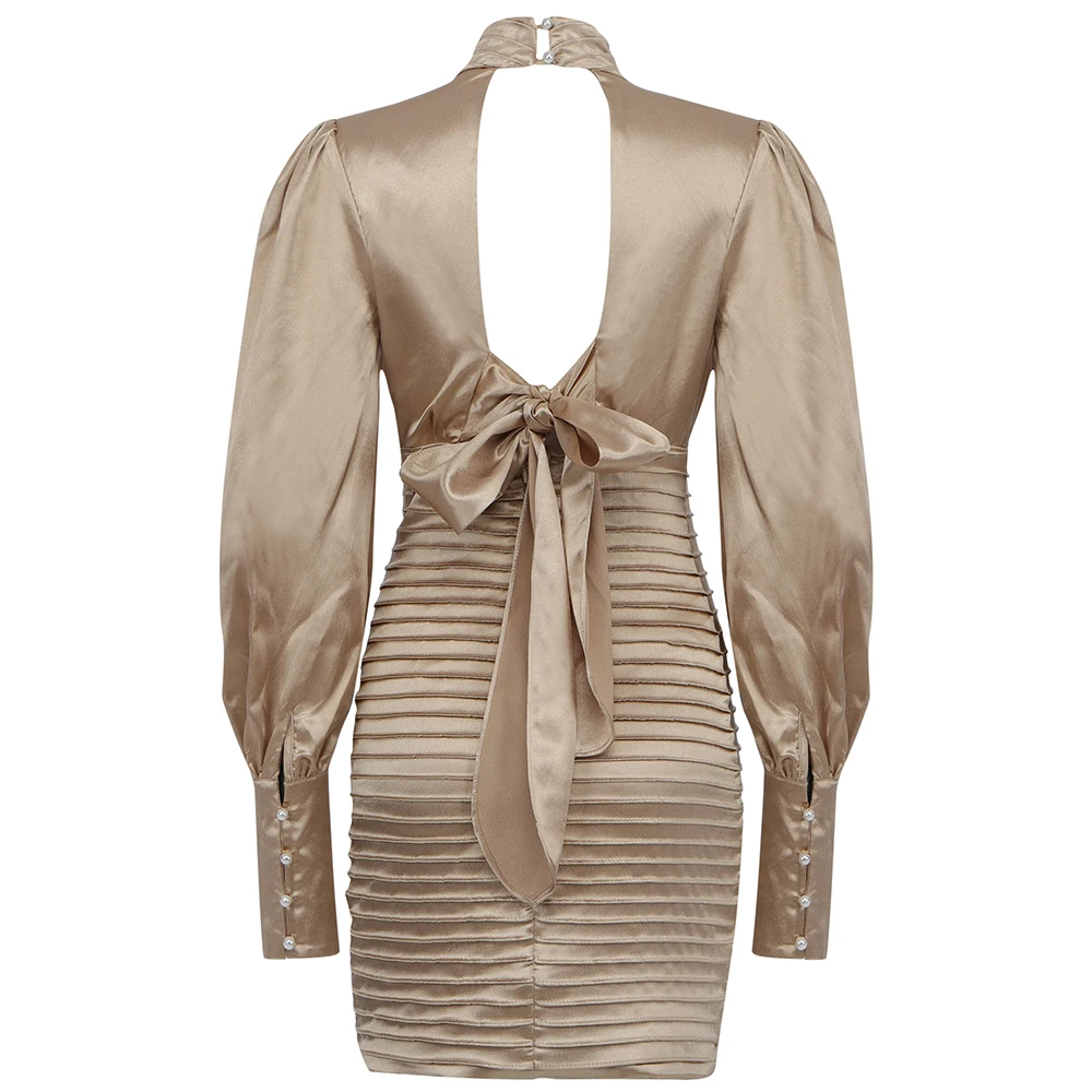 

High Quality Gold Turtle Neck Sexy Winter Slim Hollow Out Dress Women Celebrity Party Club Vestido Mini Bow Knot Dress Bodycon