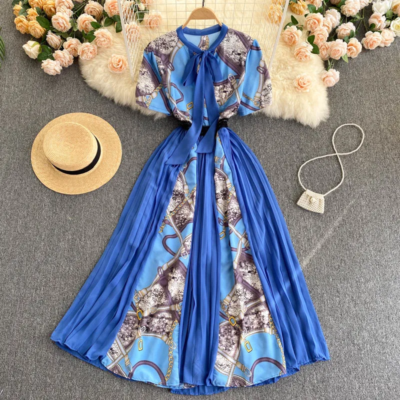 

2021 Summer Chain Chiffon Vintage Midi Dress Boho Beach Maxi Dresses Women Bow Tie Party Casual Hit Color Pleated Vestidos New