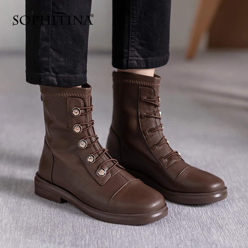 

Женские ботильоны на молнии SOPHITINA, универсальные кожаные ботинки на плоской подошве, с круглым носком, на пуговицах, повседневная обувь на о...