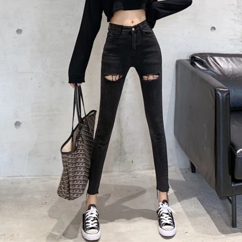 

Ripped Jeans for Women 2021 Spring New Korean Style Retro High Waist Elastic Skinny Slimming Cropped Skinny Pants