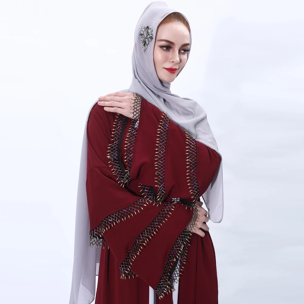 

Women Dubai Kimono Open Abaya Cardigans Nida Layered Beading Bell Sleeves Turkey Muslim Modest Hijab Robe Gown Islam Solid Color