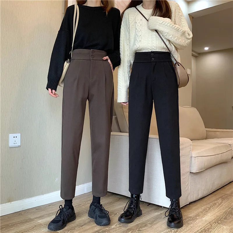 

Female Autumn Winter Woolen Trousers Harem Pants Retro Temperament Casual Straight Pipe Loose Elastic Pants
